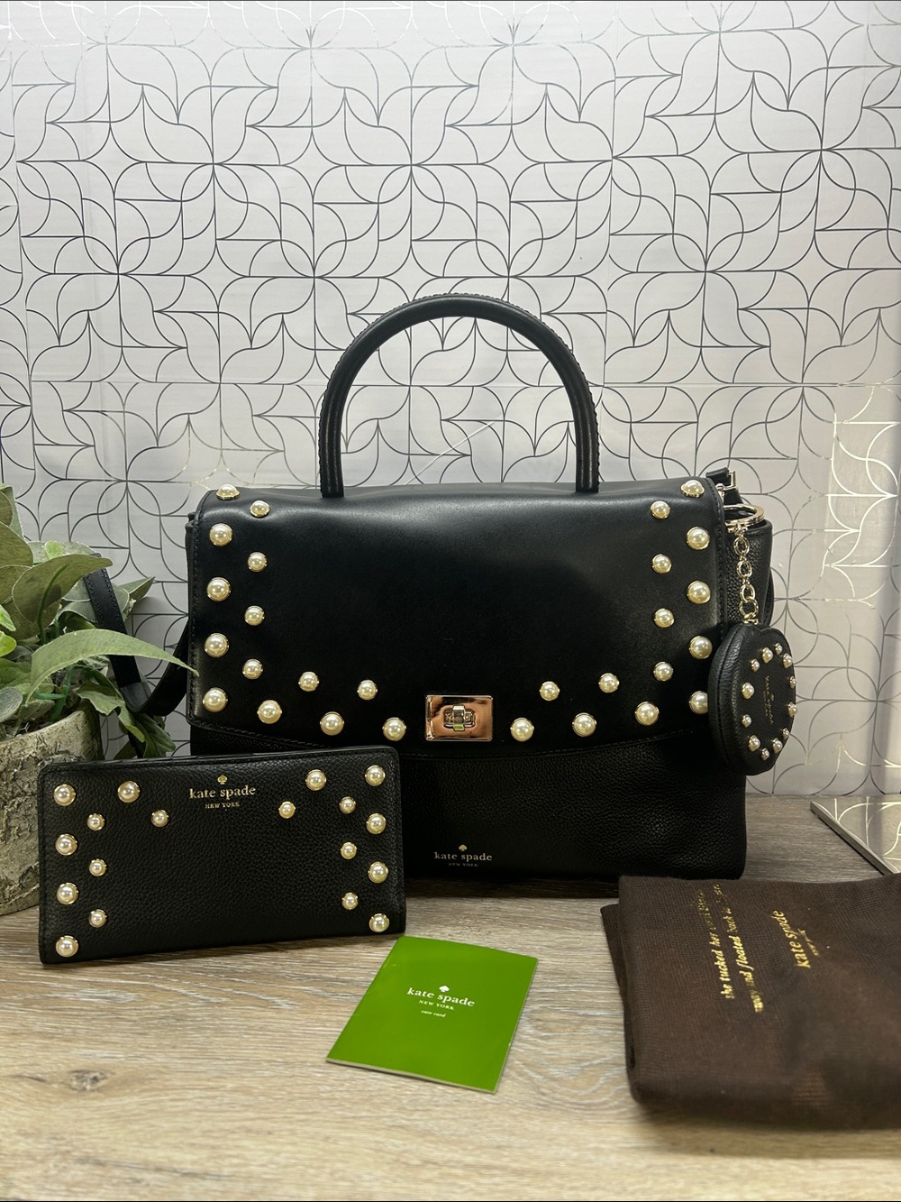 6552 kate spade Black Leather Satchel with Pearl Studs 270936552 - Picture 1 of 11